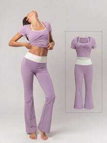 Aidyla Bộ đồ tập yoga nữ màu tím dệt kim tay ngắn dây mảnh và quần ống đứng, trang phục thường ngày thoải mái cho mùa xuân/hè. - Màu tím - Xem 5
