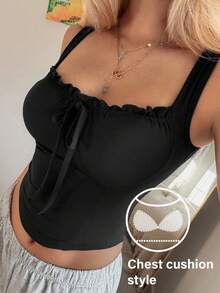 DAZY Women's Pleated Design Curved Hem Camisole With Built-In Padding - Black - View 3
