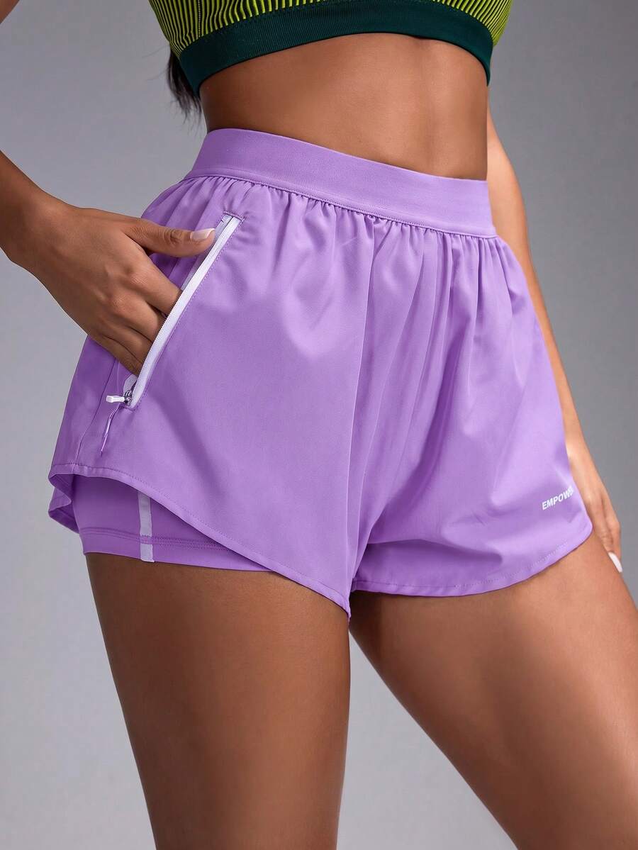 Powerista Women's Casual Letter Print Zipper Pocket Sports Shorts