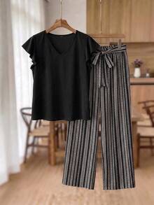 SHEIN Frenchy 2pcs Plus Size Women's Bohemian Black Solid Top And Black & White Striped Pattern Pants Set, Fashionable New Style, Suitable For Spring/Summer Outdoor Wear - Black - View 7
