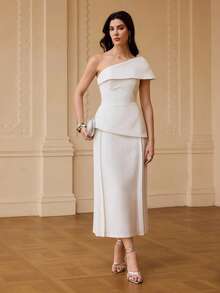 ZEYLAH Oblique Shoulder Waist Gathered Midi Dress, Spring/Summer - White - View 5