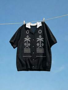 ROMWE MEN Casual Men's Vacation Palm Tree Embroidered Single-Breasted Knit Top - Black - View 2