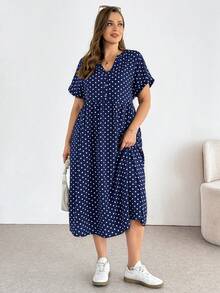 SHEIN Essnce Plus-Size Women's Navy Blue Polka Dot Midi Dress Summer Smart Casual 1960s 90s Short-Sleeved Loose Comfortable Fashion Vacation Outfits Pockets - Navy Blue - View 5