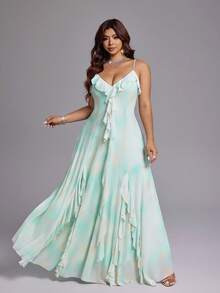 Viva Relle Plus Size Women's Mint Green Tie Dye Ruffle V-Neck Spaghetti Strap Dress, Ethereal & Gentle For Spring/Summer Vacation & Date,Rufle Dress,Elegant Dresses For Ladies - Mint Green - View 5