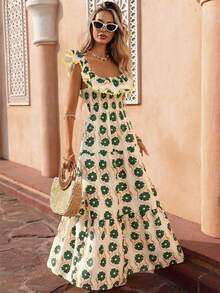 Flora Isola Flora Isola 女士方领短袖连衣裙，时尚印花，撞色荷叶边，修身腰部设计，新款夏季荷叶边优雅度假休闲装 - 綠色 - 查看 6