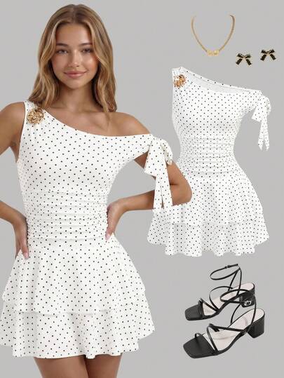 Girlism Teen Girls White Knit Polka Dot Print Dress With Metallic Flower Decor, Ruffle Shoulder & Hem, Fashionable Mini Short Dress With Built-In Shorts