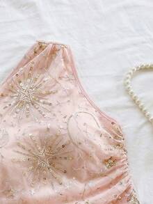 Soleia 女士不对称下摆不对称领口上衣，休闲度假、海滩、婚礼宾客、毕业早午餐装扮，适合圣帕特里克节、春假、复活节、音乐节、优雅波西米亚热带派对，亮片装饰，棕色 - 粉色 - 查看 5