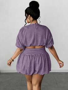 Maweii Plus Size Women's Vintage Party & Holiday Short Sleeve Top And Ruffle Mini Skirt 2-Piece Set - Purple - View 3