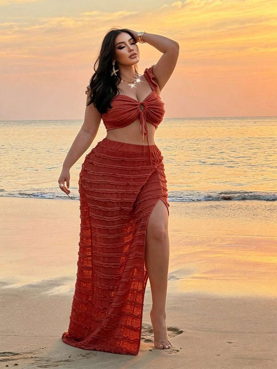 NU&NOW Plus Size Women Solid Color Pleated Top And Split Hem Skirt Casual Vacation Set - Redwood - View 1