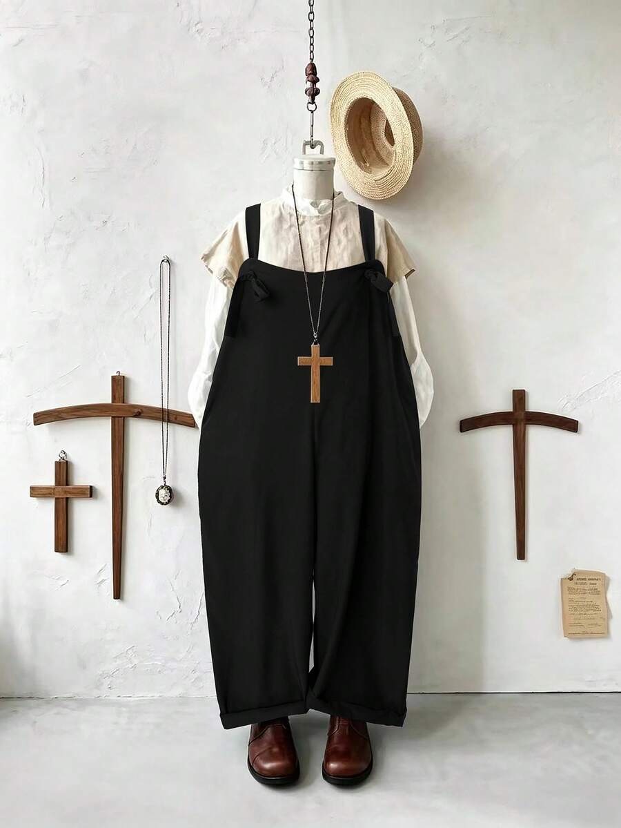Sweetra Solid Color Casual Loose Jumpsuit - Black - View 1