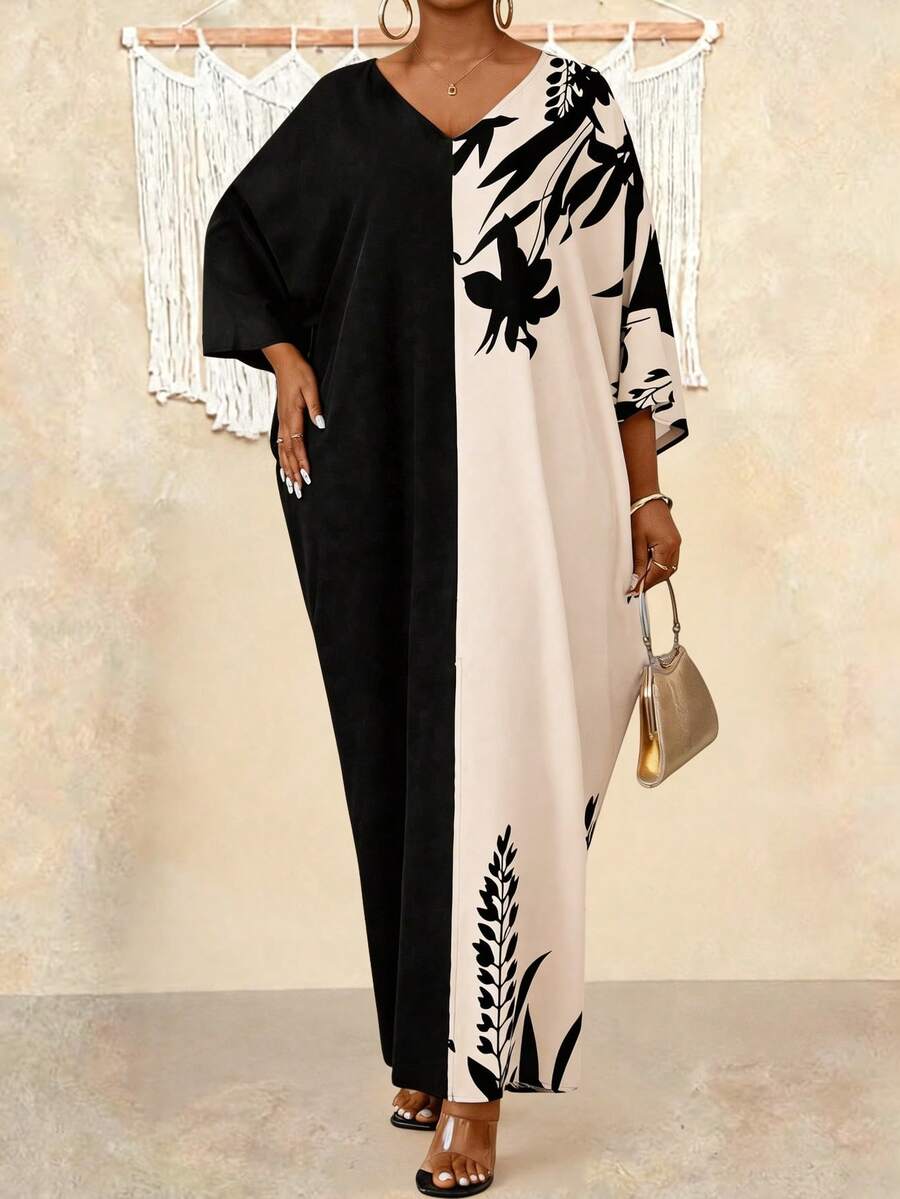 Villa Velisse Plus Size Elegant Party Colorblock Floral Print Batwing Sleeve Dress - Multicolor - View 1