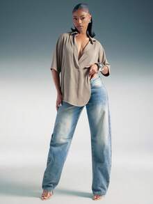 深 V 领超大短袖 T 恤 - 卡其色 - 查看 2