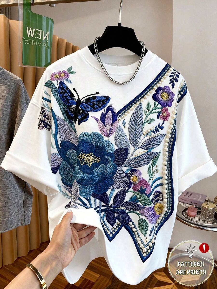 少女夏季蓝色花卉蝴蝶印花T恤，优雅仿珍珠图案印花圆领短袖上衣，数码印花艺术休闲T恤，适合8-12岁少女，适合度假和日常穿着 - 彩色 - 查看 1