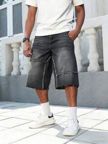Manfinity Roghcode Men Plus Size American Streetwear Patchwork Frayed Hem Wide Leg Denim Shorts - Black - View 6