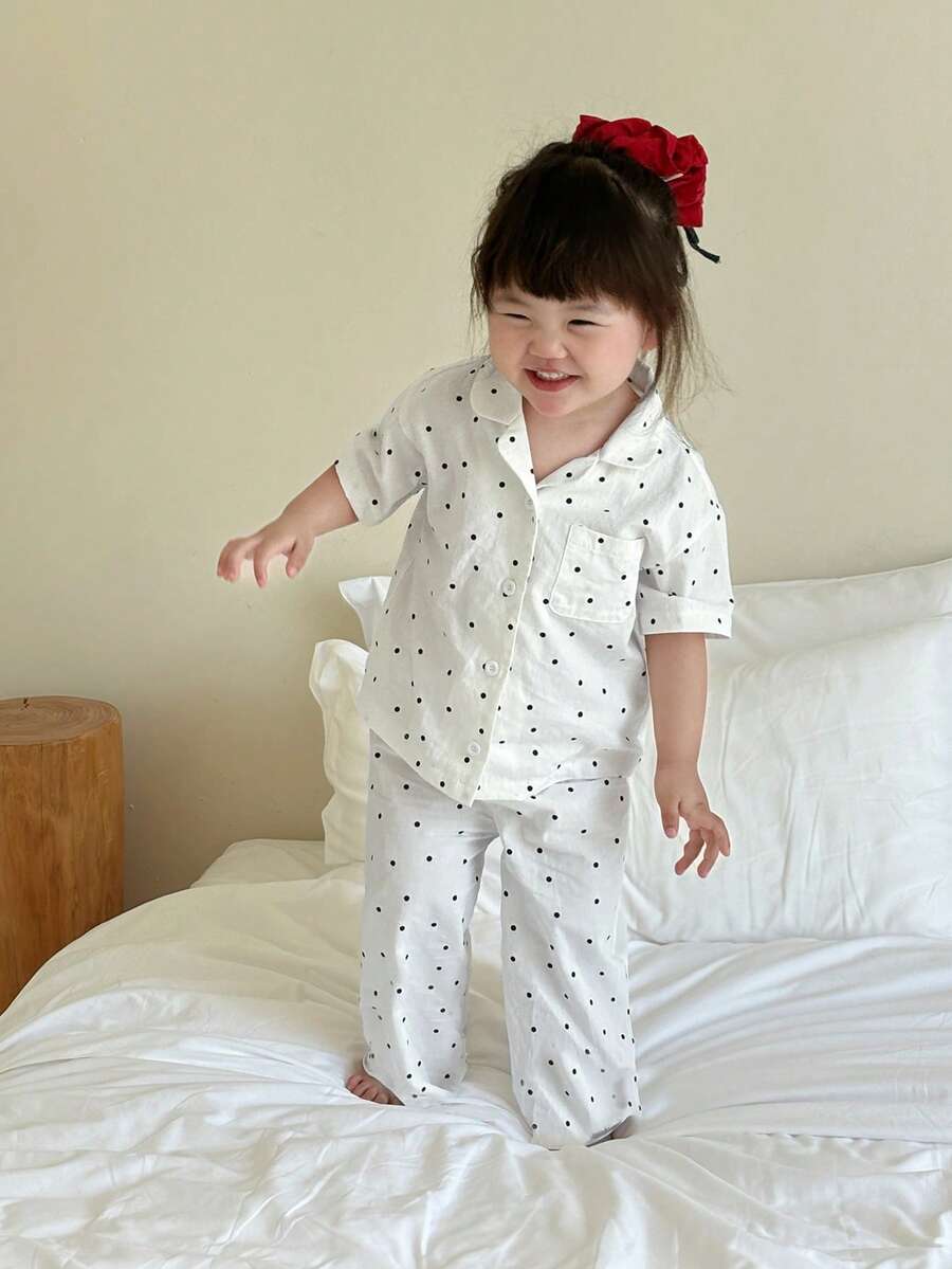 Dazy Kids 2件套女婴波点领长袖衬衫和裤子家居服套装 - 白色 - 查看 1