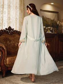 PalaceNights Solid Color Patchwork Floral Trim Long Sleeve Long Robe + Sleeveless V-Neck Cardigan Women Pajama Set - Mint Green - View 2