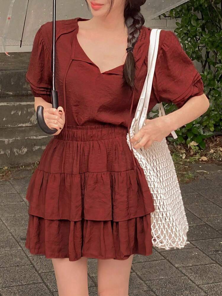 Women's Summer Casual Solid Color Knotted Collar Top And Multi-Layer Ruffle Hem Skirt 2-Piece Set Lounge Sets For Women