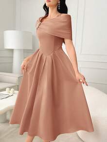 Modelyn Women's Solid Color Rhinestone Flower Decor Elegant Dress - Champagne - View 6