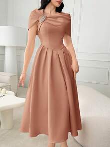 Modelyn Women's Solid Color Rhinestone Flower Decor Elegant Dress - Champagne - View 7
