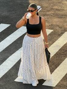 Muchica Plus Size Women Black & White Polka Dot Print Ruffle Hem Skirt - Black and White - View 5
