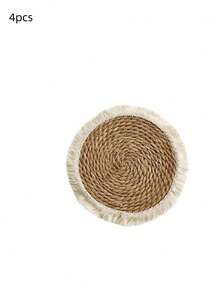 1/4PCS Boho Handwoven Cattail Grass Round Tassel Table Placemats Heat Insulation Pads Tabletop Decor Coffee Coasters Non Slip Washable For Kitchen Dining Home Living Room Boho Kitchen Decor - Ginger - View 6