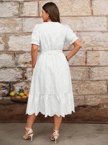 SHEIN Elenzya V-Neck + Puff Sleeve Cinched Waist + Flared Skirt Delicate Sweet Pink Hollow Waist Embroidered Fabric Plus Size Dress - White - View 2