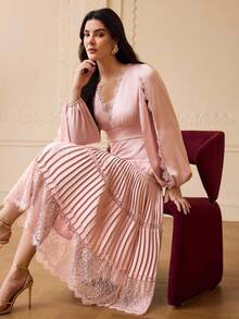 ZEYLAH Women's Lace Patchwork Pleated Waist Fitted Dress, Autumn/Winter - Pink - View 1