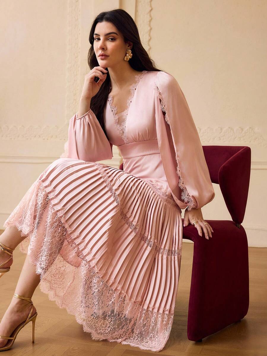 ZEYLAH Women's Lace Patchwork Pleated Waist Fitted Dress, Autumn/Winter - Pink - View 1