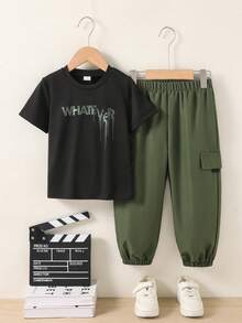 男童春夏两件套服装 - 印花黑色短袖T恤搭配工装裤，休闲百搭套装 - 軍綠色 - 查看 3