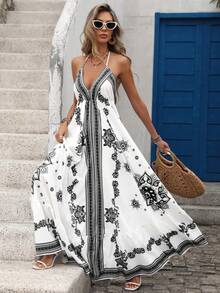 SHEIN Holidaya Vestido Azul e Branco com Estampa de Totem de Resort Tropical Halterneck Finas e Costas Abertas, Primavera/Verão - Preto e Branco - Visão 4