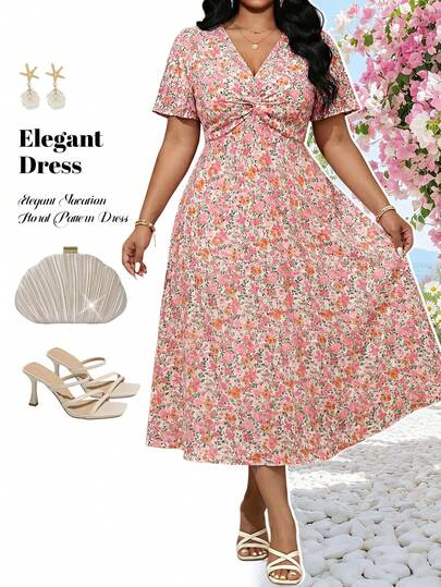 Fleurora 大码女式碎花褶皱短袖休闲度假连衣裙