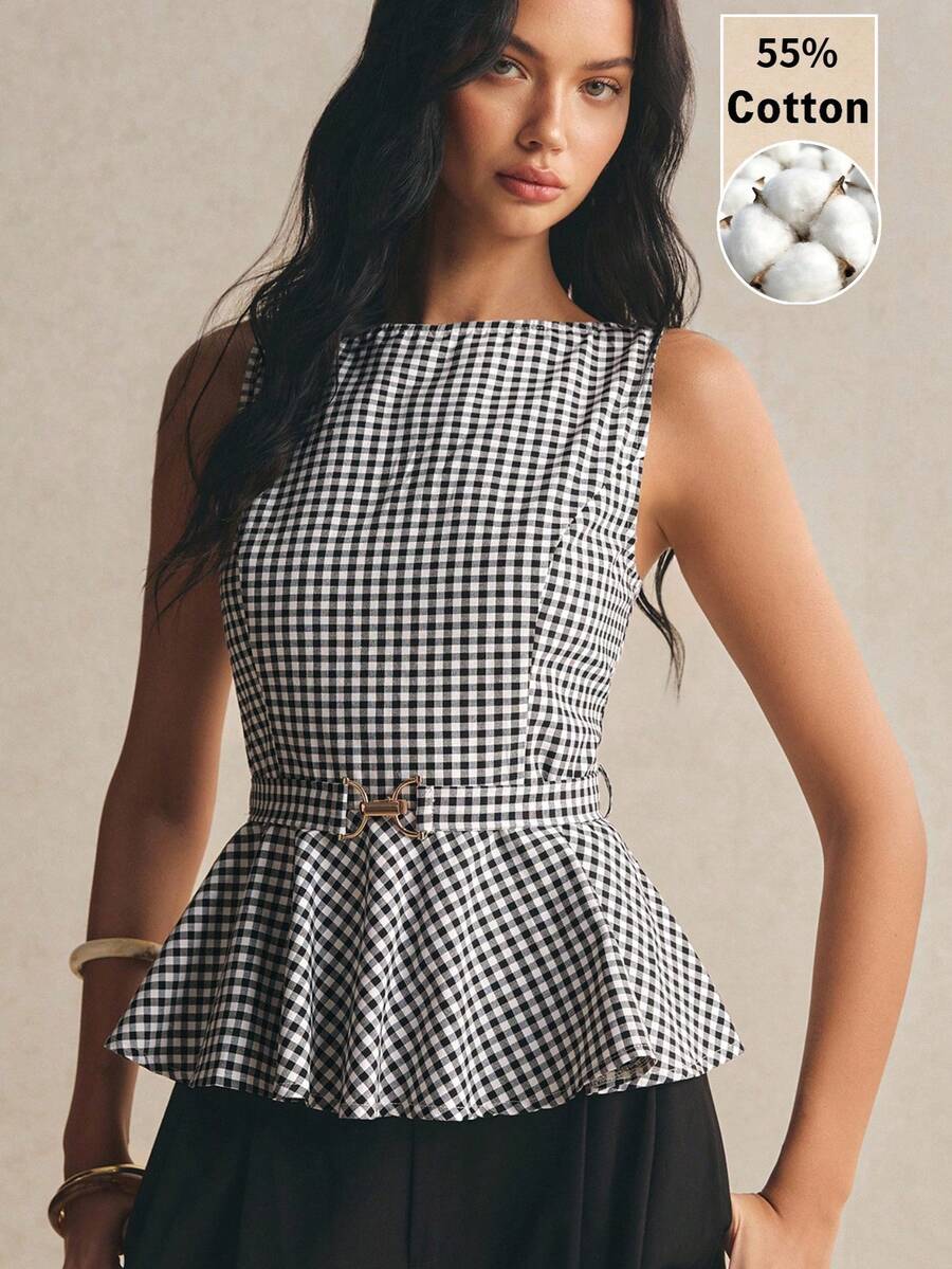 Poéselle Women's Fashionable Plaid Sleeveless Shirt For Commuting, Spring/Summer - Red - View 1