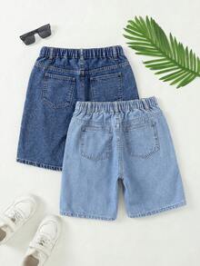 SHEIN 2pcs Tween Boy Casual Pocketed Zip & Button Closure Denim Shorts Set - Multicolor - View 2