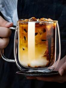 简约轻奢双层保温优质玻璃咖啡杯，双层壁隔热，透明，带便携提手，适用于卡布奇诺、拿铁、茶、冷热饮品，适合复活节、圣诞节、生日派对等场合。 - 彩色 - 查看 4