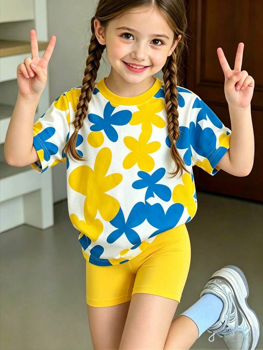 2件套,适合4-7岁女孩,甜美清爽风格/夏季度假风,黄蓝碎花印花撞色圆领短袖上衣+纯色短裤,轻便休闲,适合日常穿着、海滩度假、上学、儿童节、春夏秋季。 - 彩色 - 查看 1