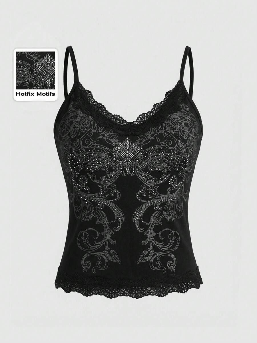 ROMWE Fairycore Women's Solid Color Lace Patchwork Crystal Decor Camisole Top - Grey - View 1