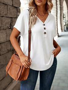 New Vintage White Batwing Sleeve Short Sleeve Casual Basic Wide V-Neck Button Decor Plus Size T-Shirt - White - View 5