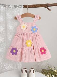 SHEIN Baby Girl Striped Cap Sleeve A-Line Loose Vacation Dress - Baby Pink - View 3