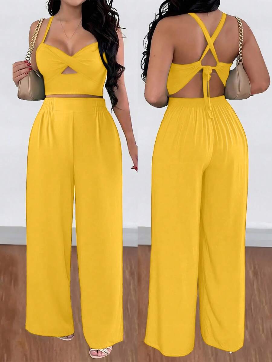 EMERY ROSE Sexy Vacation Twist Back Tie Strap Loose Wide Leg Pants 2 Pieces Set - Yellow - View 1