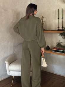 EURMUSE Bộ đồ hai mảnh tay phồng ống rộng màu trơn cho nữ có nơ phía trước - Màu xanh lá cây đậm - Xem 2