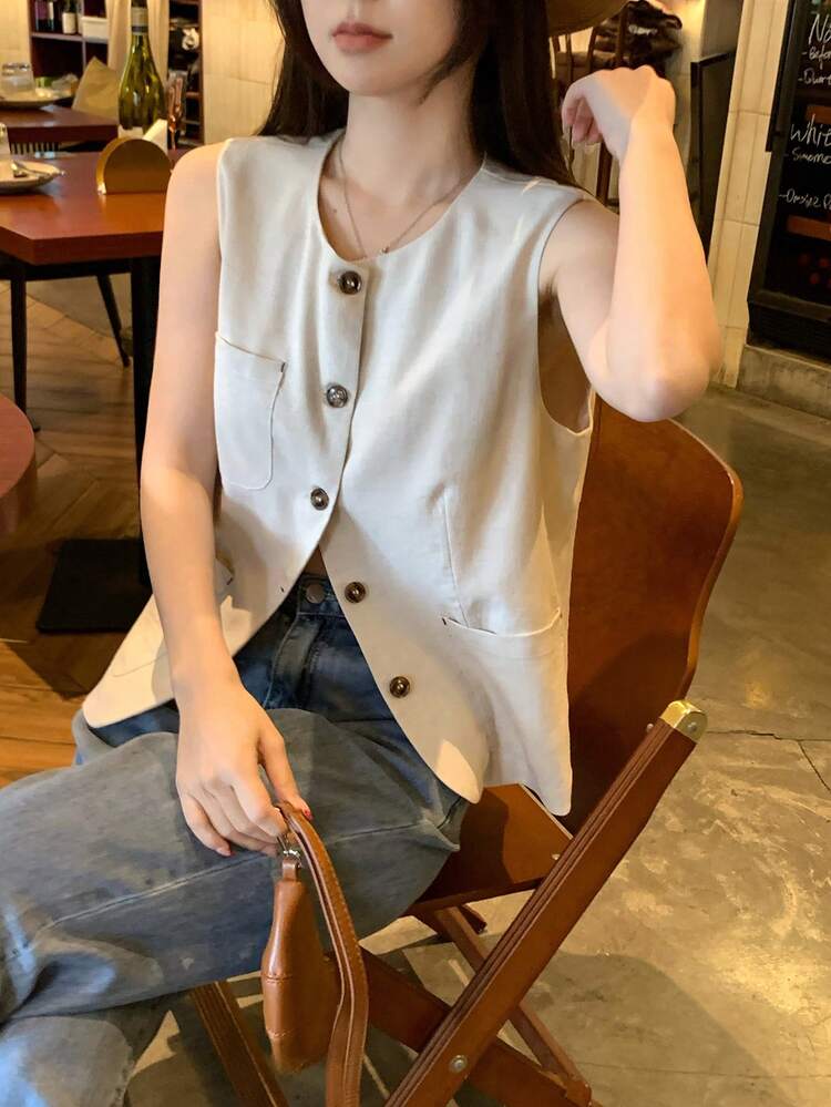 Women's Round Neck Korean Style Elegant Front Button Sleeveless Top