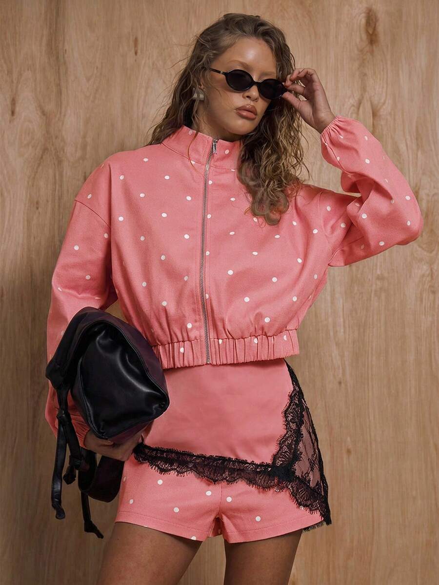 MUSERA 波点半拉链漏斗领外套套装上衣（仅上衣）冬季新年可爱性感外出点缀情人节春夏假日 - 西瓜粉 - 查看 1