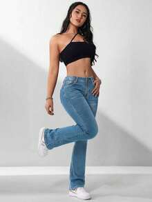 SHEIN ICON Plus Size Women Street Vintage Light Blue Elastic Denim Jeans - Light Wash - View 6