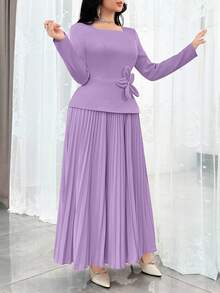 Modelyn 女士优雅褶皱腰身3D立体花卉装饰长裙，适合约会和派对穿着 - 淡紫色 - 查看 7