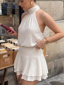 Pariaura 露背系带连衣裙，纹理面料，后背大蝴蝶结，双层荷叶边下摆 - 杏色 - 查看 5