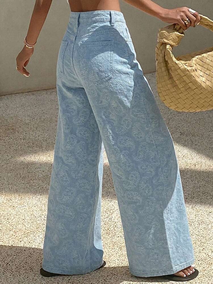 Floral Jacquard Fabric Loose Wide Leg Pants, Casual Vacation Summer Women Jeans