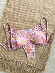 Swim Mod 2026SS Pink Paisley Print Patchwork Pink White Plaid Y2K Sexy Boho Style Sweet Cute Girl's Beach Golf Holiday Holiday Swimwear Set Summer - Multicolor - View 6