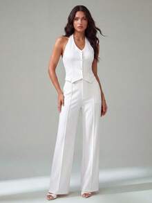 SHEIN Tall Women's Sleeveless Vest Top & Wide Leg Pants 2 Piece Set, Elegant Casual Wear For Commuting, Spring/Summer Women Vacation Outfit Sets Women 2 Piece Outfit Classy Coords Outfit For Women Women Elegant Outfits,Work Outfits For Women - White - View 6