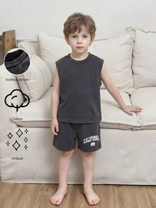 Genkimix Kids Young Boys' Denim Set,Summer New Arrival Fashionable Casual Vest Top+Denim Shorts 2pcs Set,Black Snowflake Washed Cotton Denim With English Print - Black - View 2
