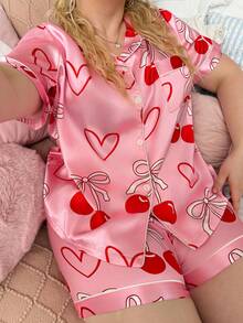 Slumberry CURVE Cute Ins Style Bow, Cherry, Heart Print Color Blocking Lapel Open Front Plus Size Women Pajama Set Lounge Pink Summer - Pink - View 5
